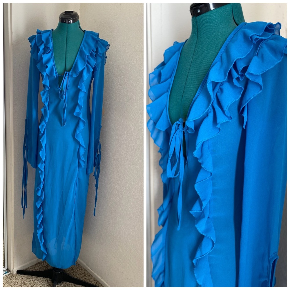 NWT SOLADO Long Sleeve Mesh Ruffled Blue Maxi Dress
